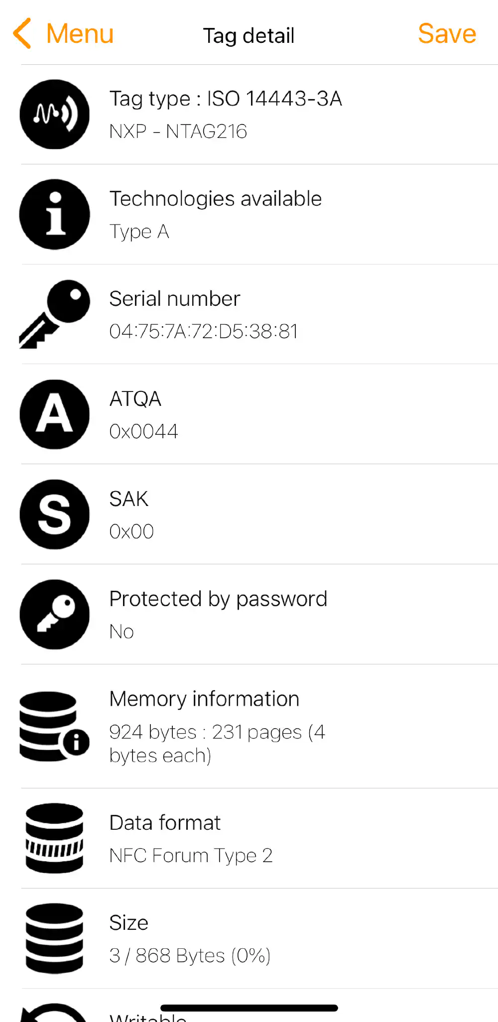 NFC tools showing basic information about this NFC tag