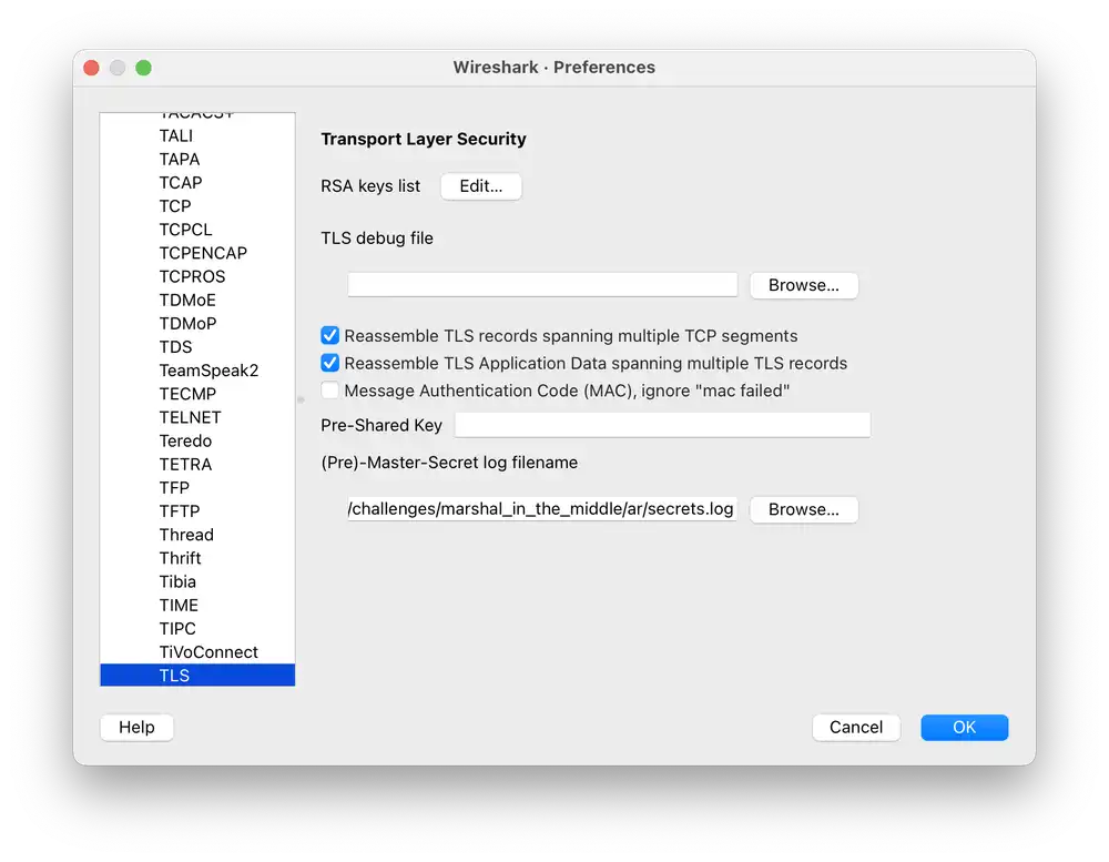 Screenshot of bundle.pem and secrets.log added to Wireshark