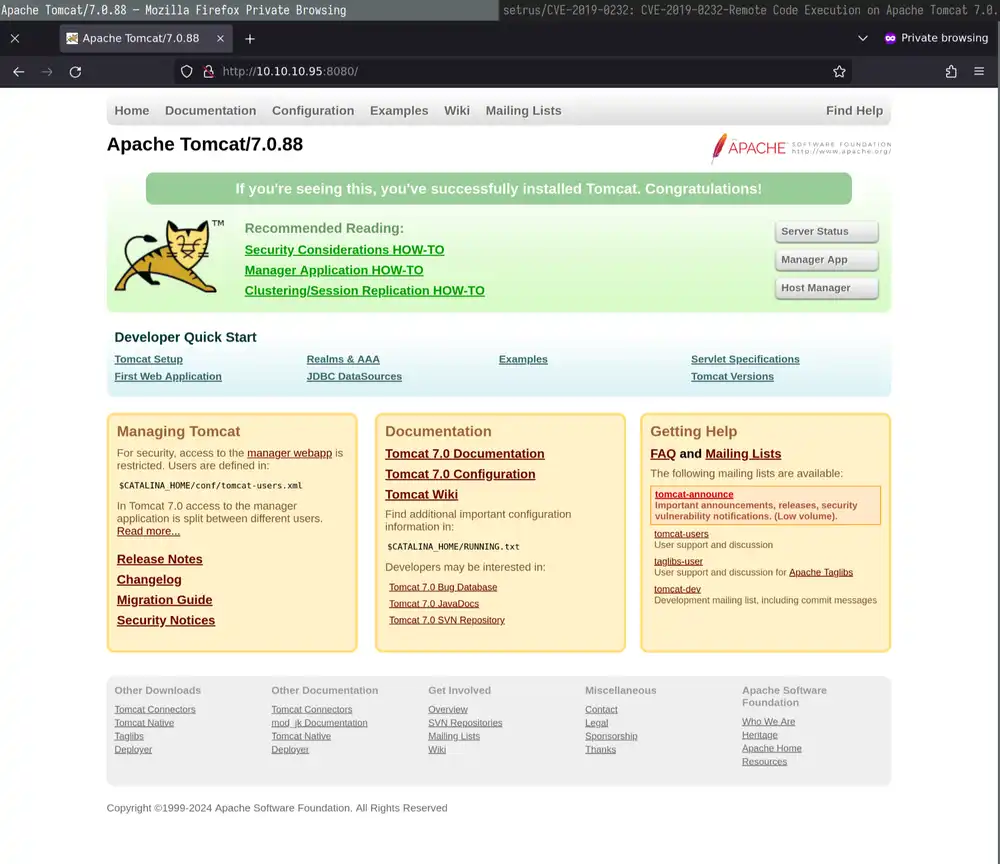 Landing page of this machine's Apache Tomcat instance